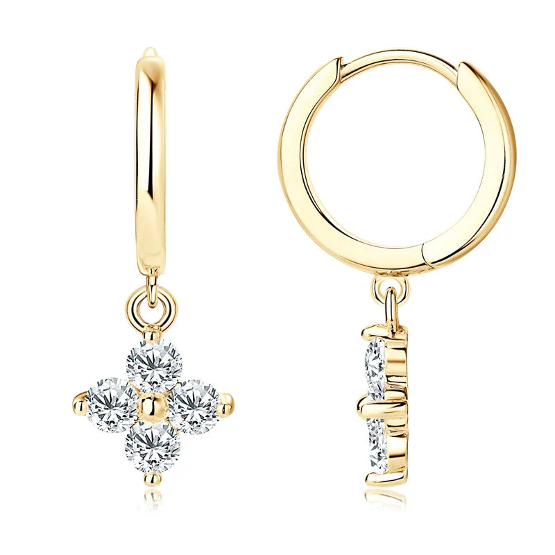 Sterling Silver 925 3mm Moissanite Four-Leaf Clover Hoop Dangle Earrings Women