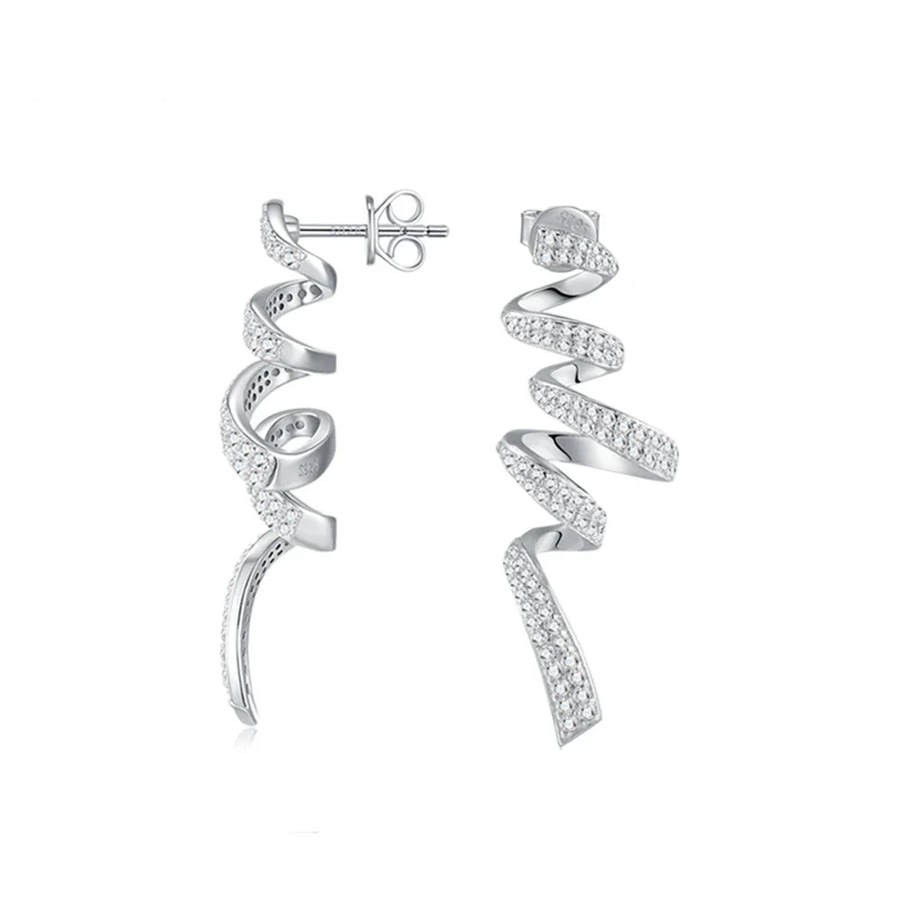 Sterling Silver 925 Moissanite Spiral Drop Earrings For Women Twisted Elegant