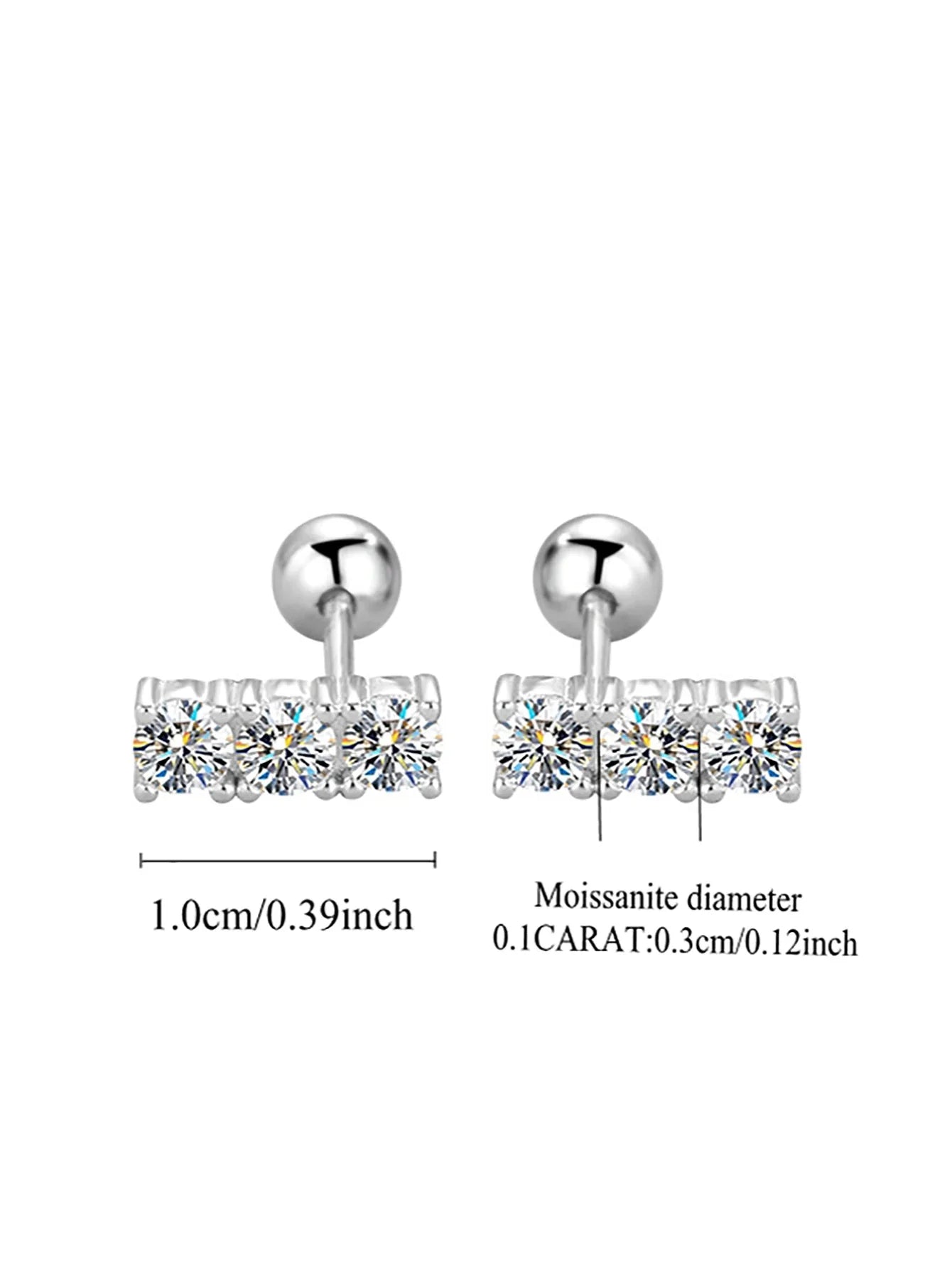 Sterling Silver 925 Moissanite Stud Earrings 0.6ct Total Straight Row