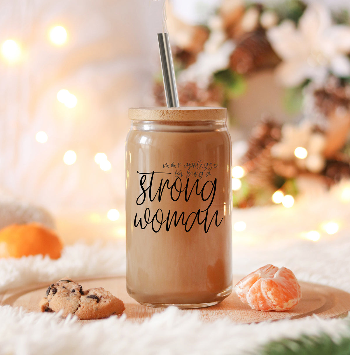Strong Woman Glas-Trinkbecher (500 ml) mit Bambusdeckel und Edelstahl-Trinkhalmen - Geschenk