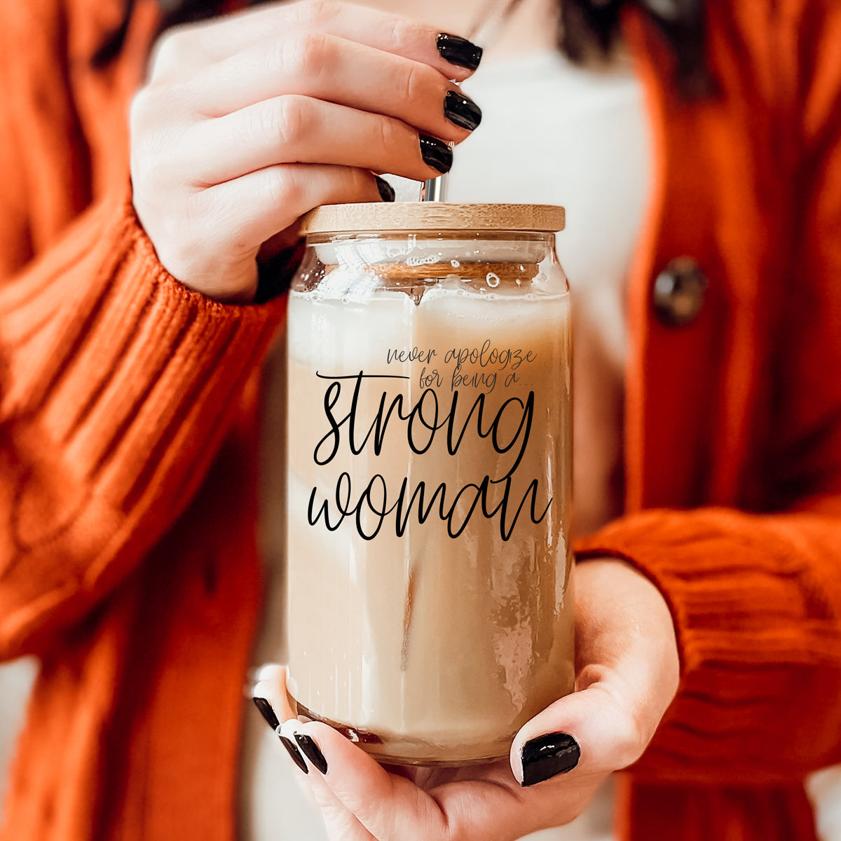 Strong Woman 17oz Glass Tumbler With Bamboo Lid And Stainless Straws - Gift
