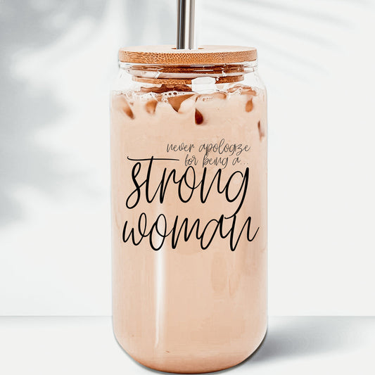 Gobelet en verre « Femme forte » de 500 ml avec couvercle en bambou et pailles en acier inoxydable - Cadeau