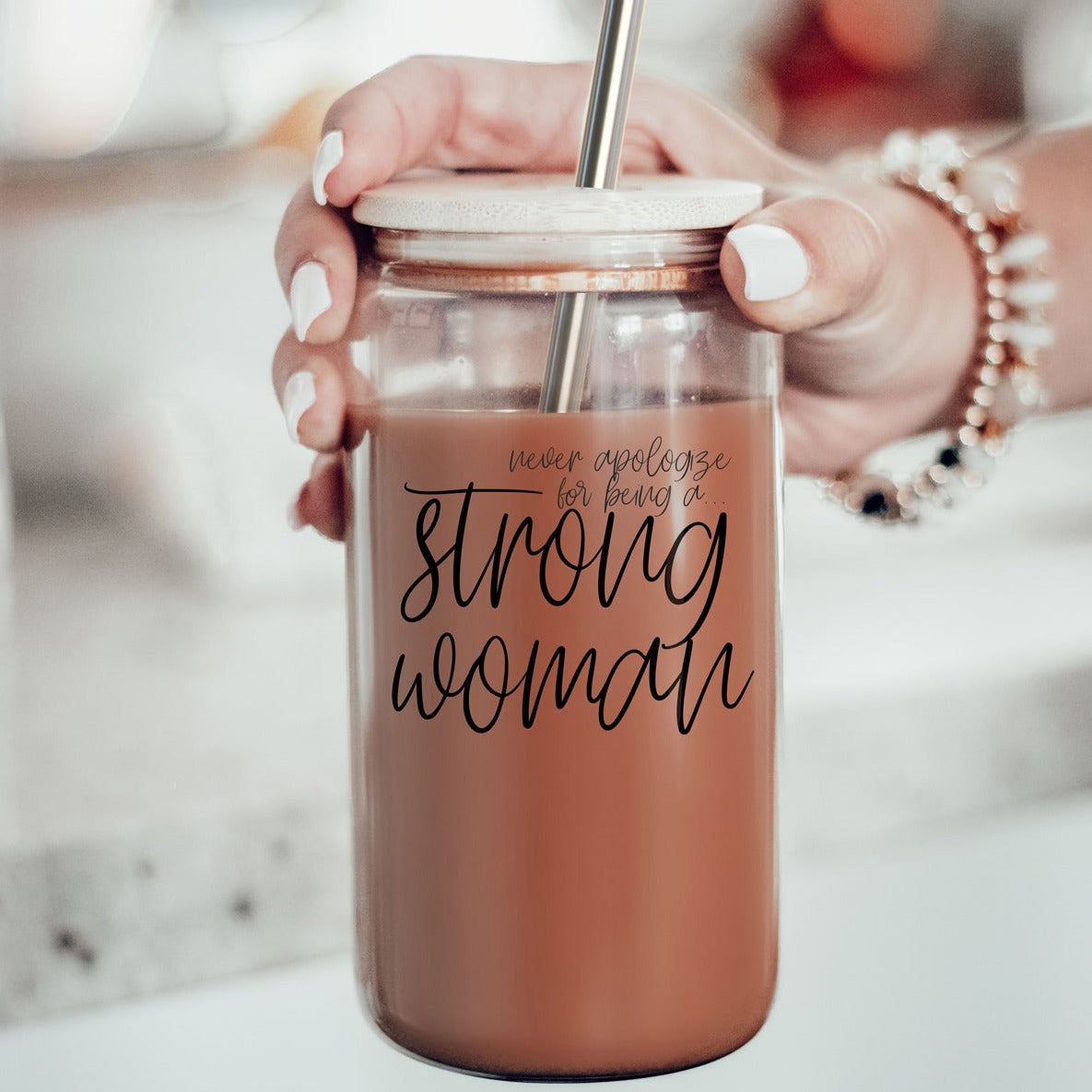 Strong Woman 17oz Glass Tumbler With Bamboo Lid And Stainless Straws - Gift