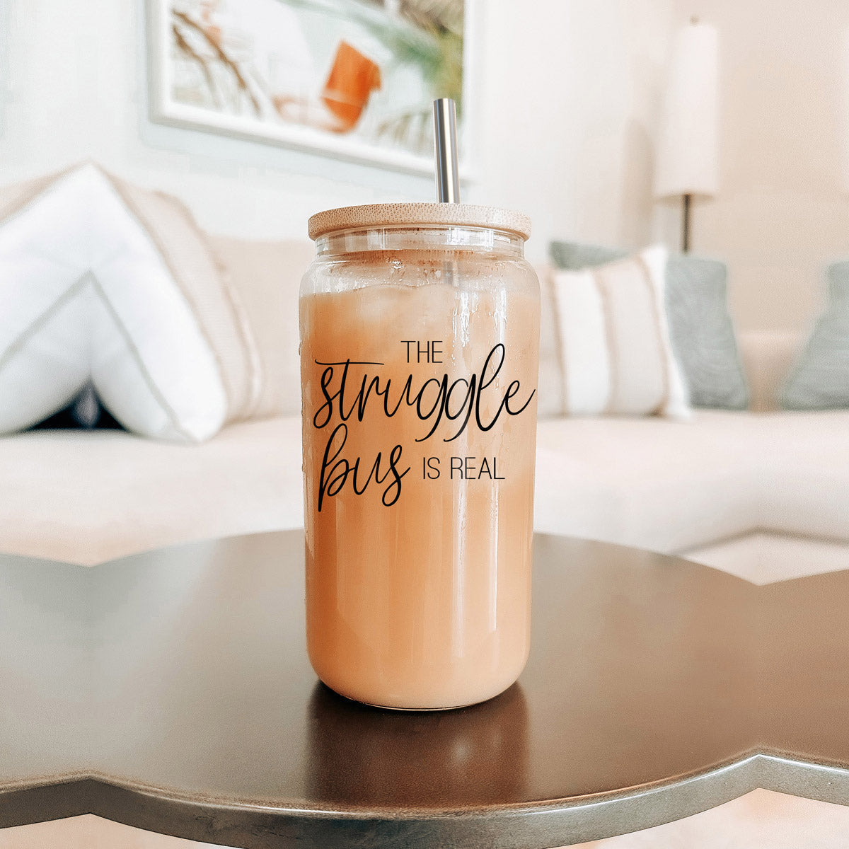Gobelet en verre 17oz avec couvercle en bambou, 2 pailles en acier inoxydable et brosse de nettoyage "Struggle Bus"