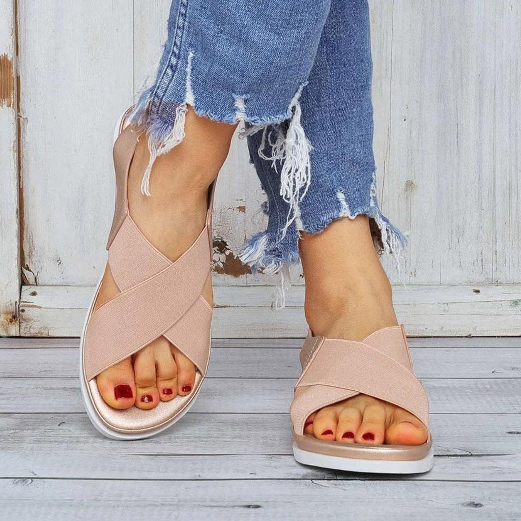 Summer Comfy Slip On Women Sandals Elastic Textile Sandals Casual Beach Shoes For Woman Classics Non-slip Lightweight Flat Sandals Fashion Sandals Ankle Strap Flat Sandals