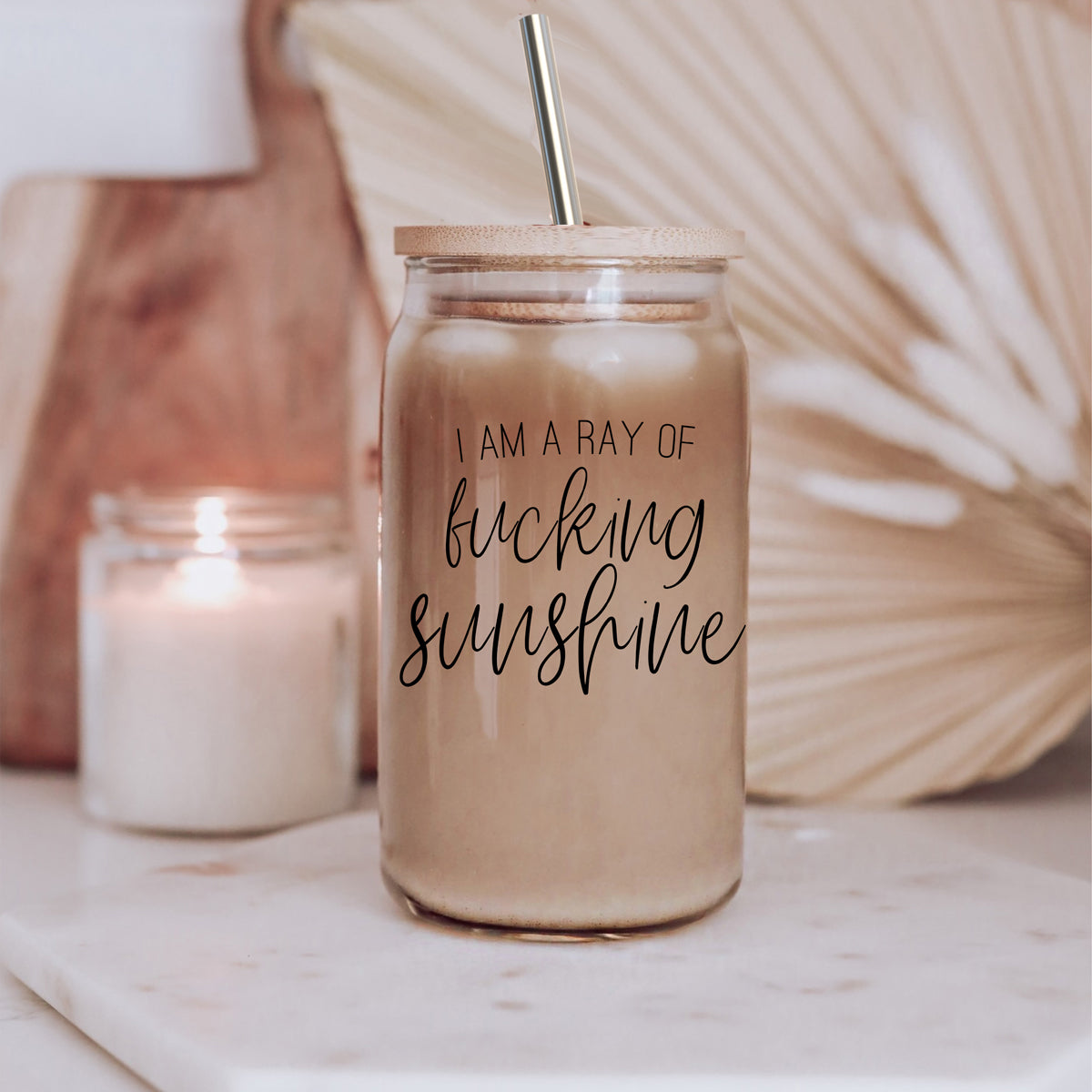 17oz Glass Tumbler With Bamboo Lid, 2 Stainless Straws and Cleaner, Sassy
