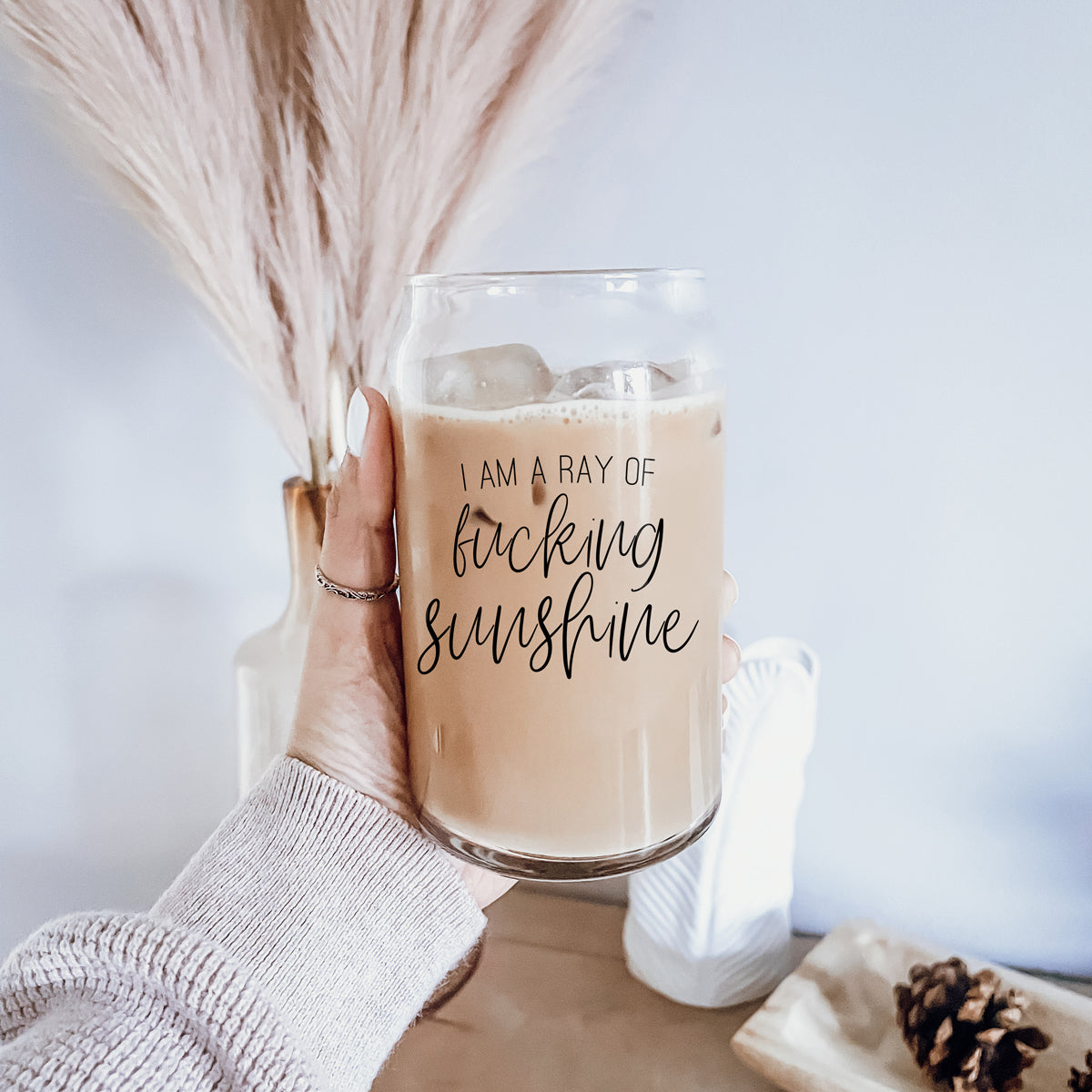 17oz Glass Tumbler With Bamboo Lid, 2 Stainless Straws and Cleaner, Sassy