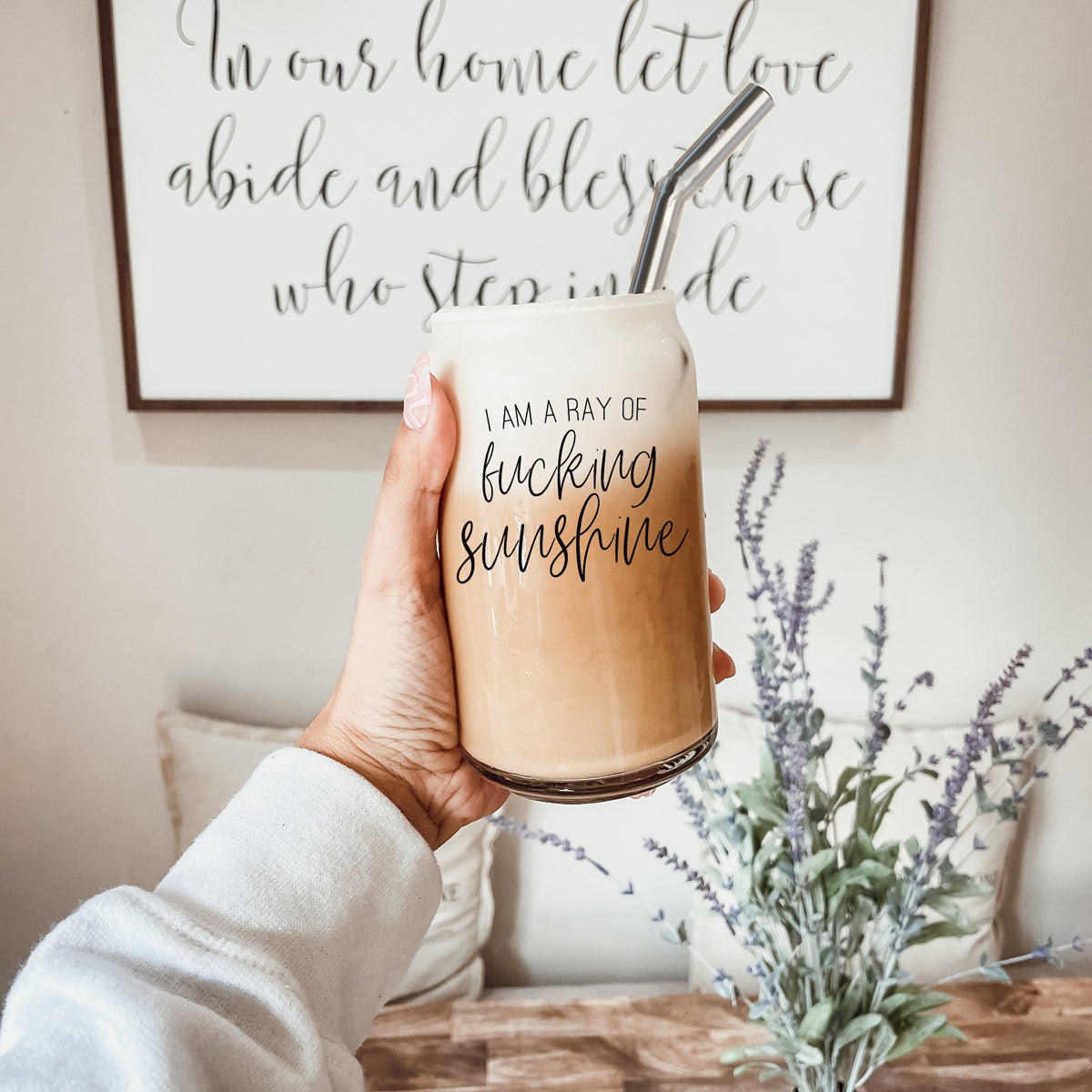 17oz Glass Tumbler With Bamboo Lid, 2 Stainless Straws and Cleaner, Sassy