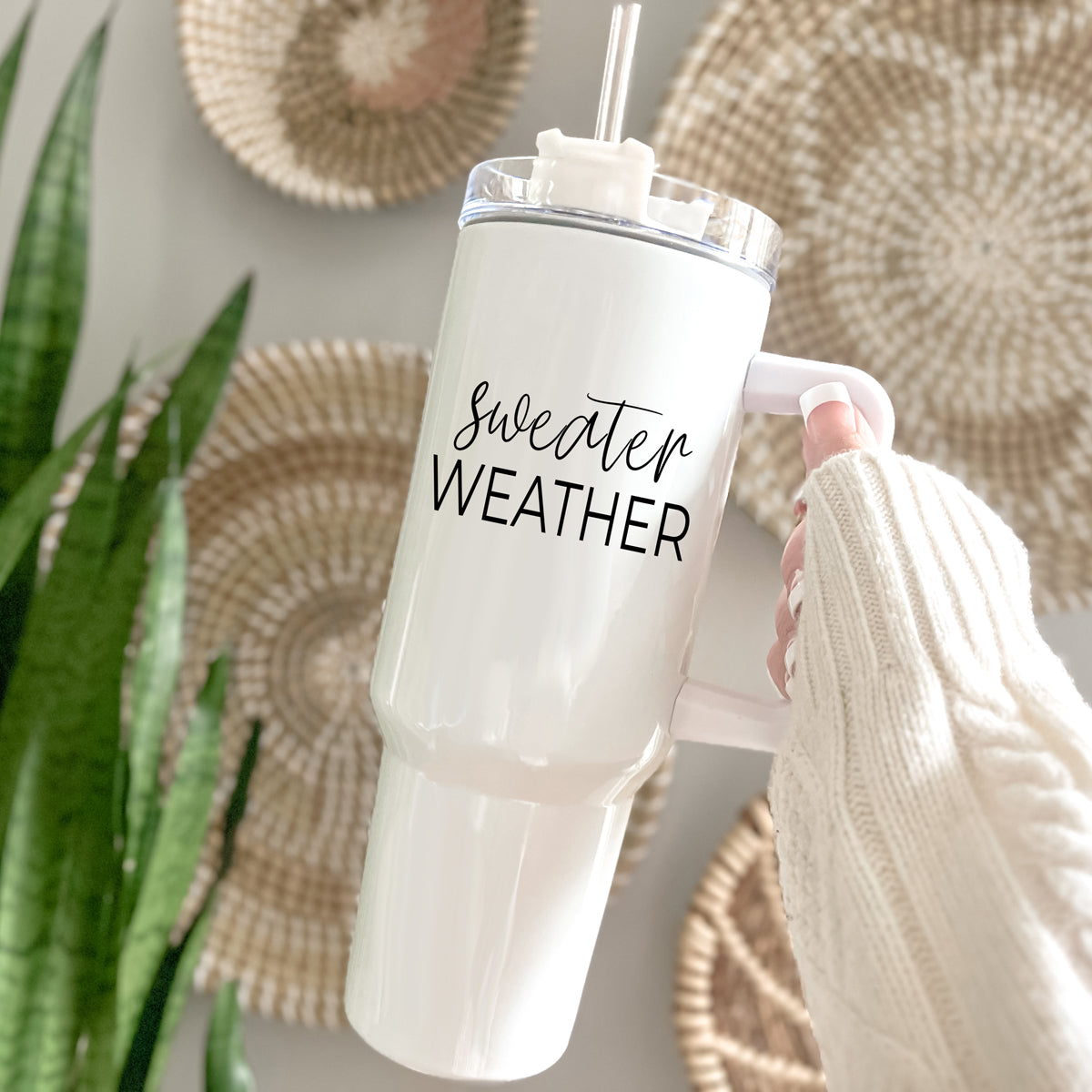 Mug de voyage isotherme 40oz avec poignée, couvercle et paille - Mug d'automne "Sweater Weather"