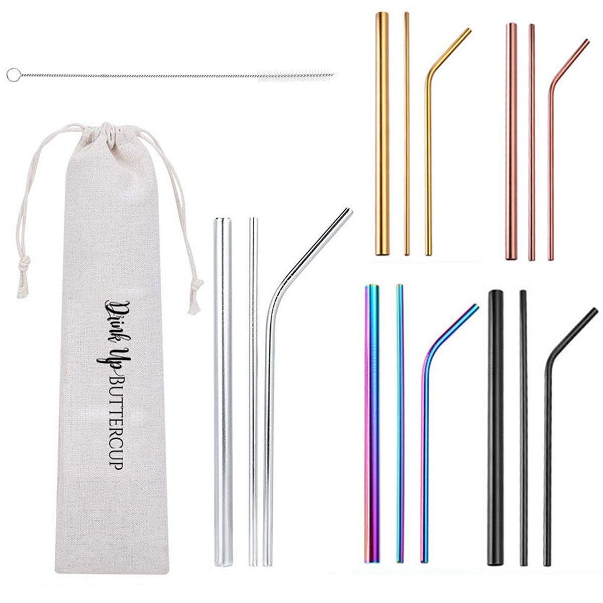 Ensemble de pailles réutilisables en acier inoxydable 5 pièces avec sac de nettoyage compatible lave-vaisselle