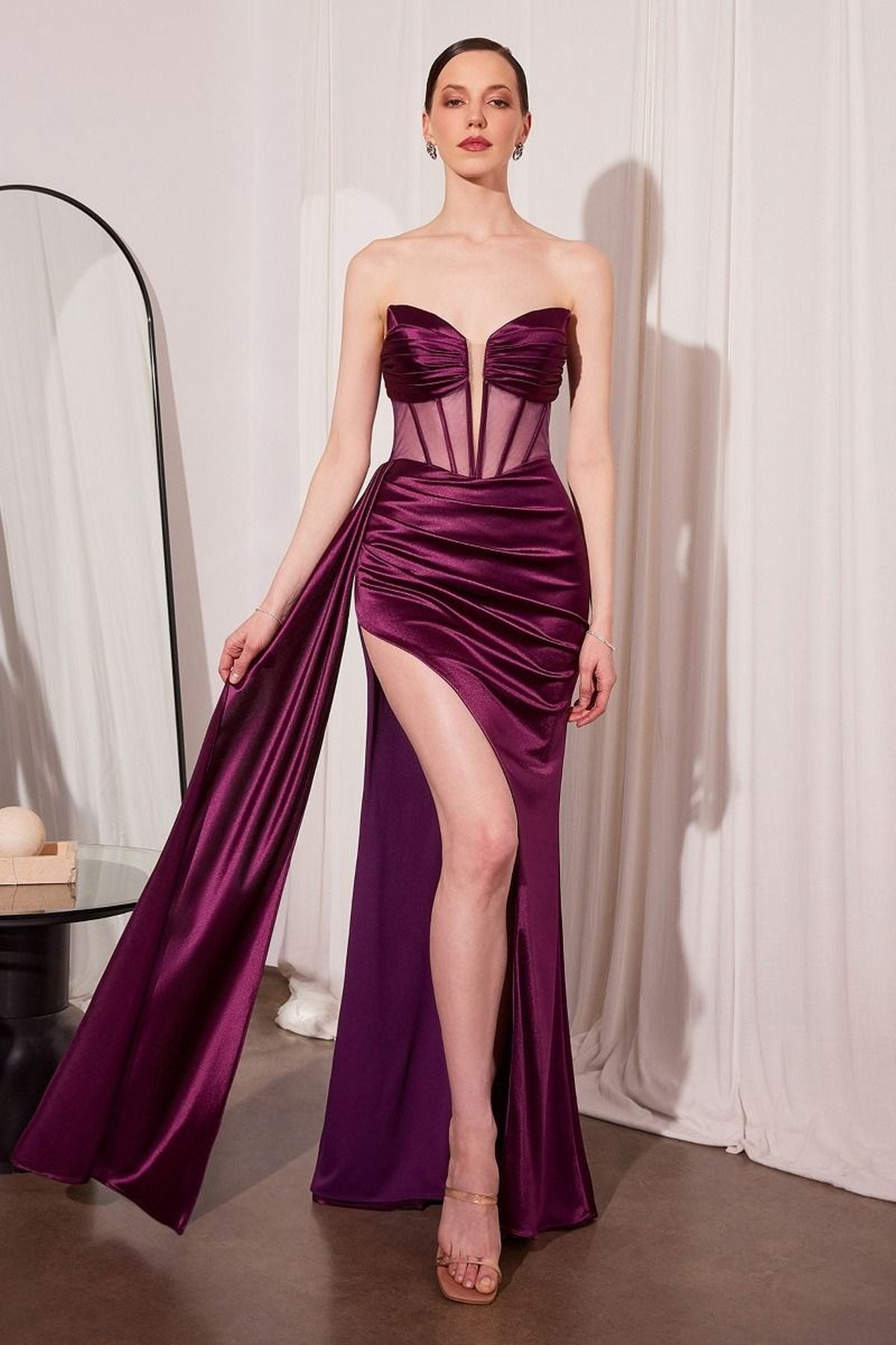 Ladivine Amoris T811 Long Fitted Satin Strapless Evening Gown