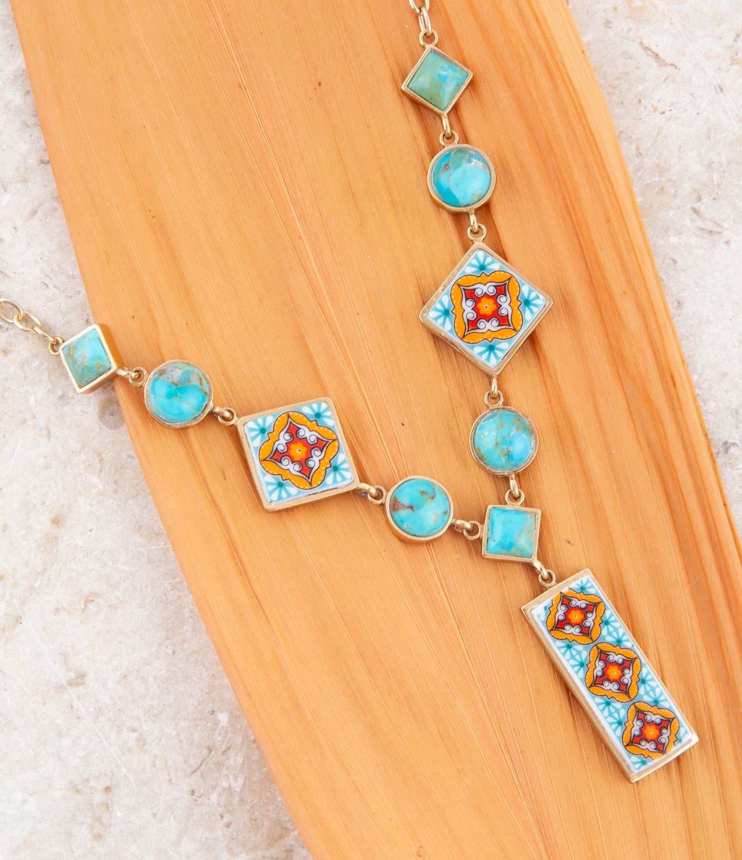Talavera-Fliesen- und blauer Türkis-Gold-Y-Kette