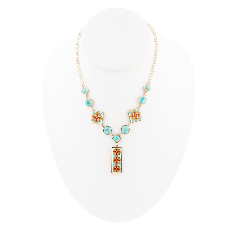 Talavera-Fliesen- und blauer Türkis-Gold-Y-Kette