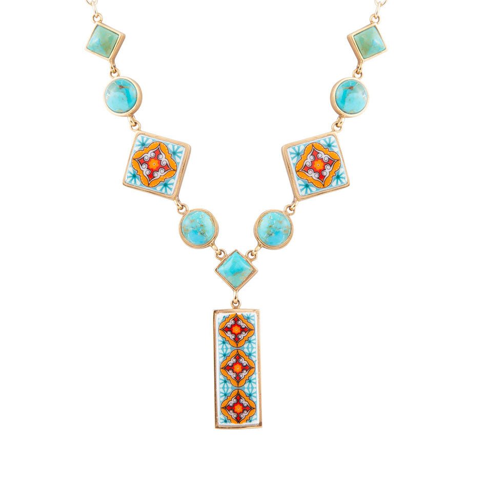 Talavera-Fliesen- und blauer Türkis-Gold-Y-Kette
