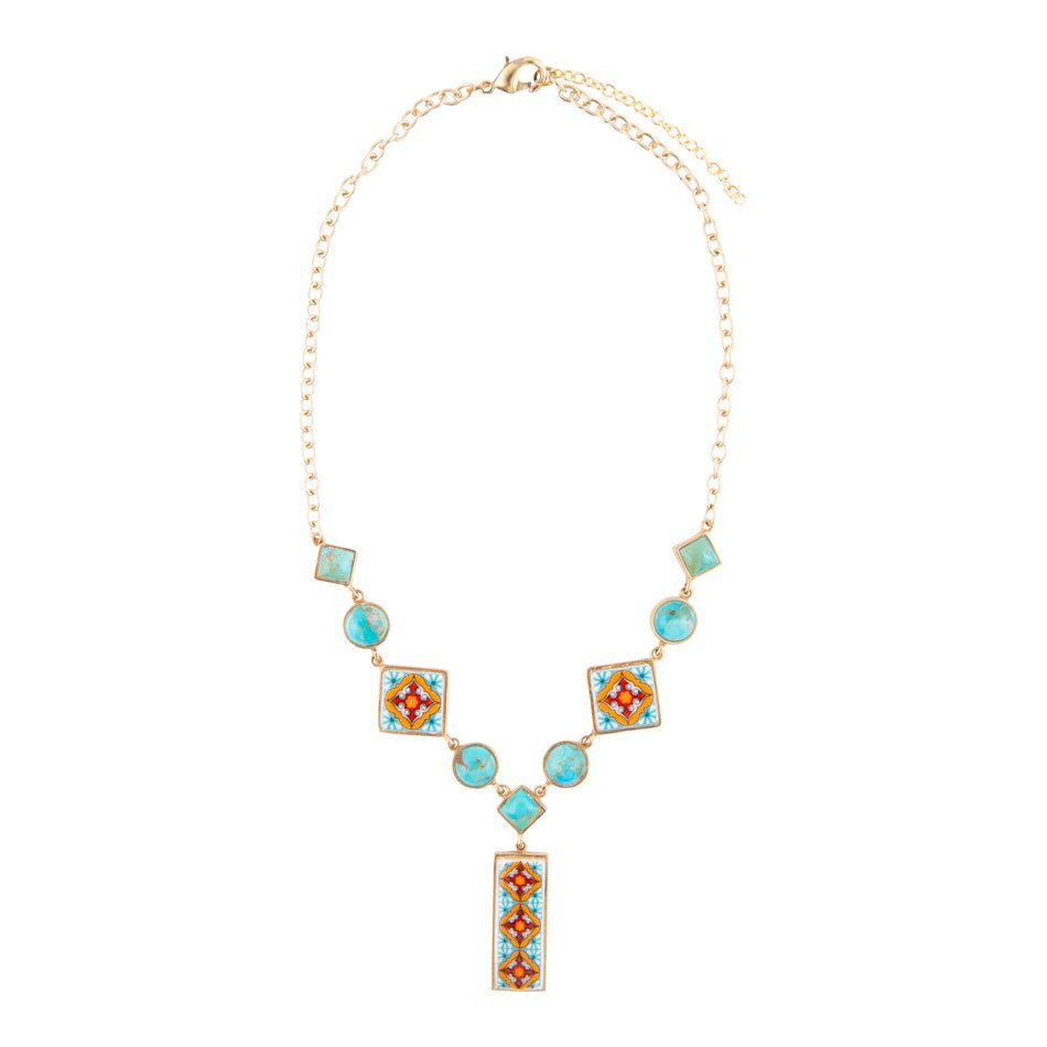 Talavera-Fliesen- und blauer Türkis-Gold-Y-Kette