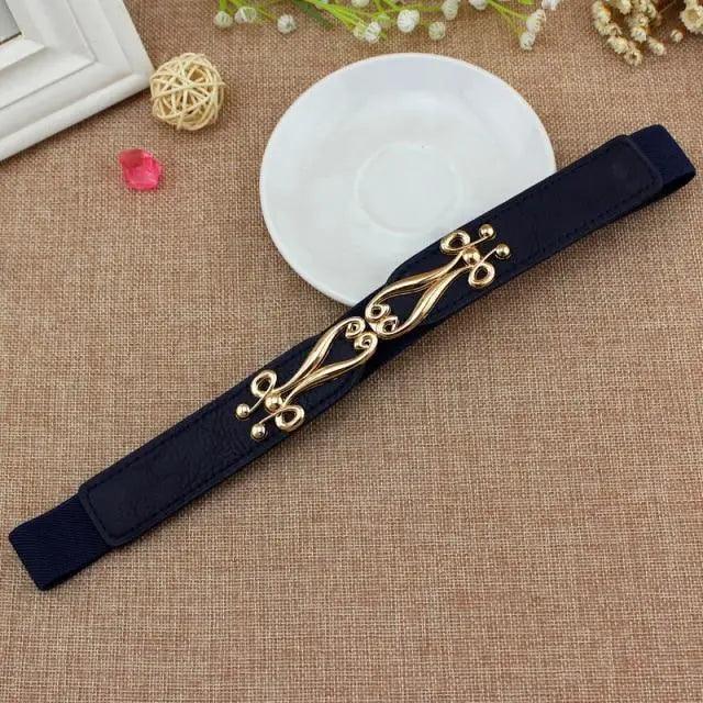 Thin Elastic Stretch Women Buckle Skinny Fashion Belts Metal Leaf Buckle Design Belts For Ladies