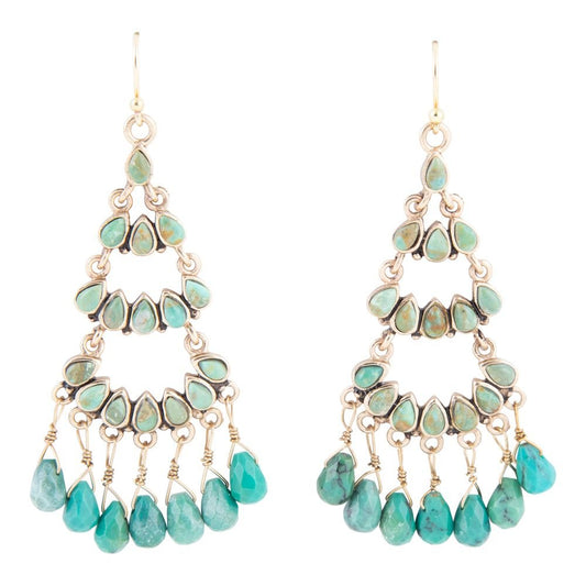 Boucles d'oreilles chandelier dorées triple turquoise bleue