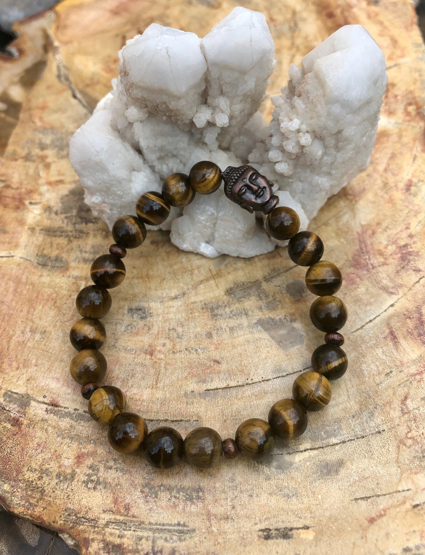 Tigerauge Buddha Edelstein Stretch-Armband für Herren