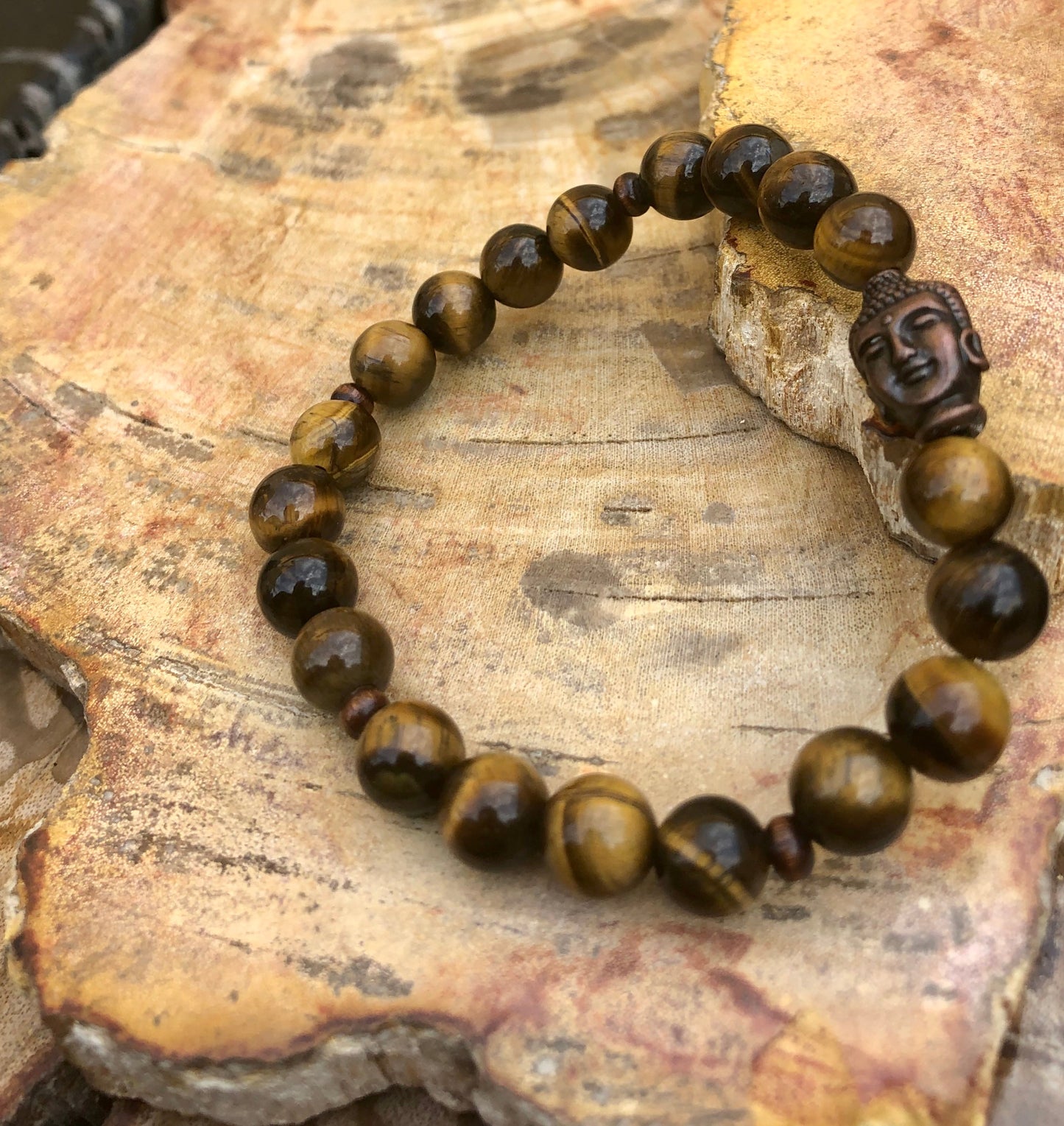 Tigerauge Buddha Edelstein Stretch-Armband für Herren