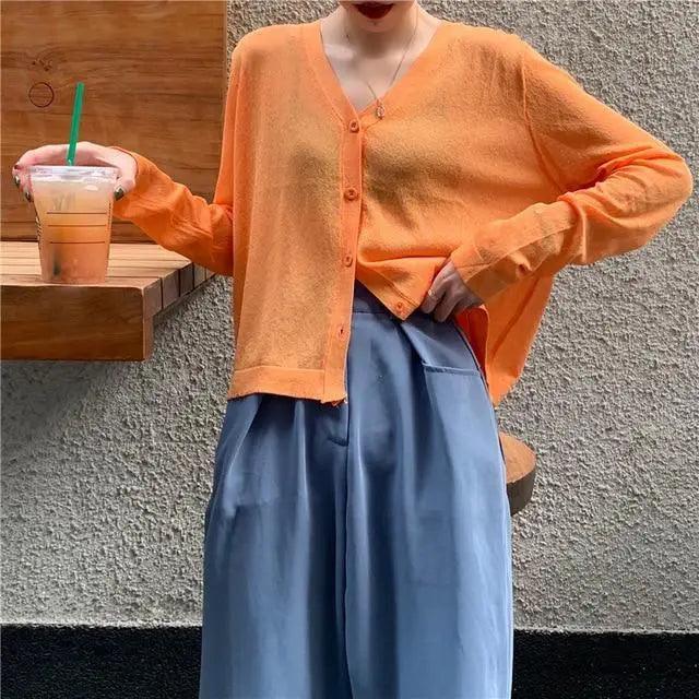 Cardigan For Women Long Sleeve Cardigan Summer Cropped Cardigan Knitted V neck Thin Ice Silk Sweaters Sunscreen Shirt Tops