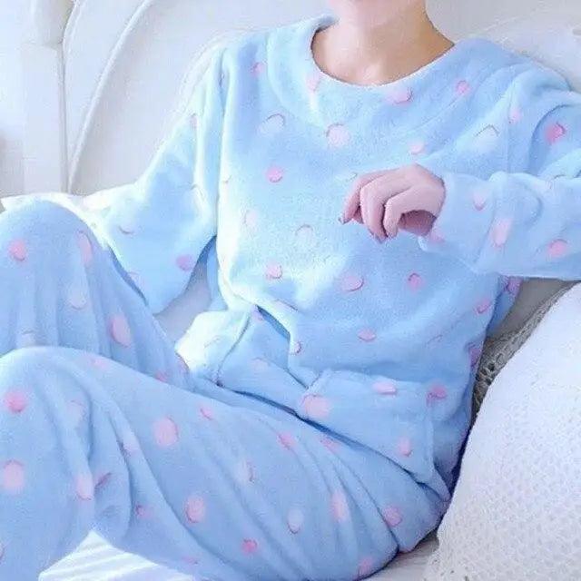 Trendy Pajama Women Thick Flannel Warm Female Winter Pajama Set Long Sleeve Full Trousers Two Piece Pajamas  Cartoon Pajamas Women Pajamas Set Sleepwear Autumn Plus Size Top Long Pant Sleepwear Girls Pajamas