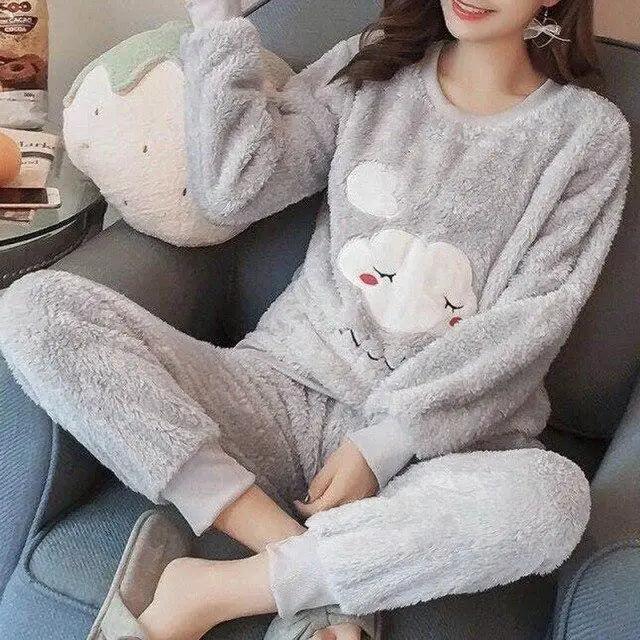 Trendy Pajama Women Thick Flannel Warm Female Winter Pajama Set Long Sleeve Full Trousers Two Piece Pajamas  Cartoon Pajamas Women Pajamas Set Sleepwear Autumn Plus Size Top Long Pant Sleepwear Girls Pajamas