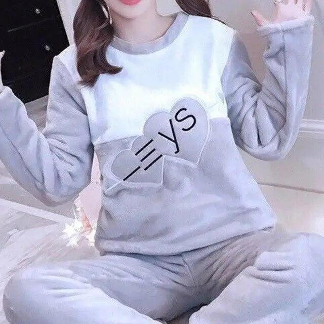 Trendy Pajama Women Thick Flannel Warm Female Winter Pajama Set Long Sleeve Full Trousers Two Piece Pajamas  Cartoon Pajamas Women Pajamas Set Sleepwear Autumn Plus Size Top Long Pant Sleepwear Girls Pajamas