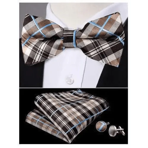 Trendy Patterned Silk Jacquard Plaid Bowtie With  Pocket Square And Cufflinks Set For Men Unique  Butterfly Party Wedding Casual Business Bowtie For Men