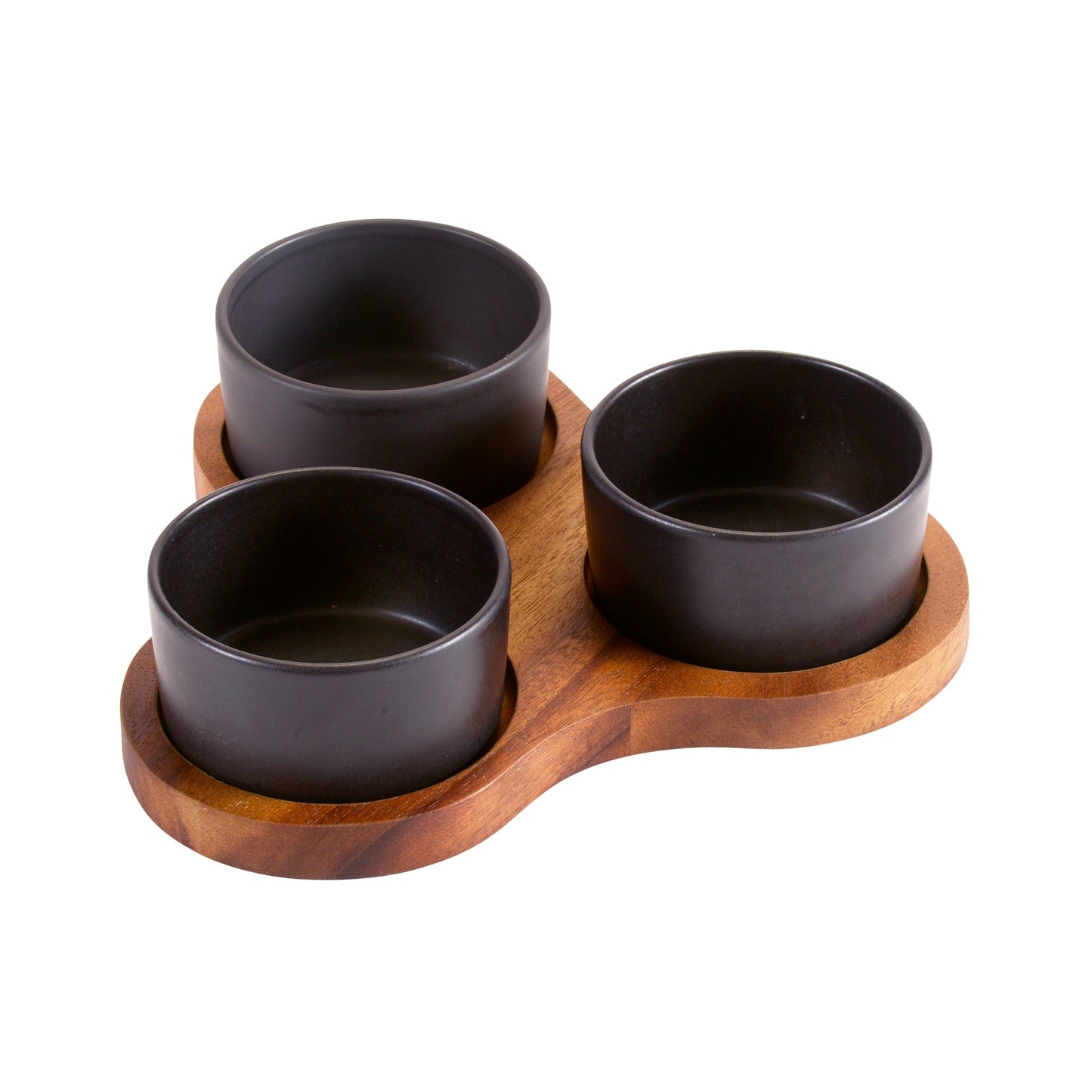 Planche à charcuterie triangulaire en acacia avec 3 plats en céramique noire 25x25 cm