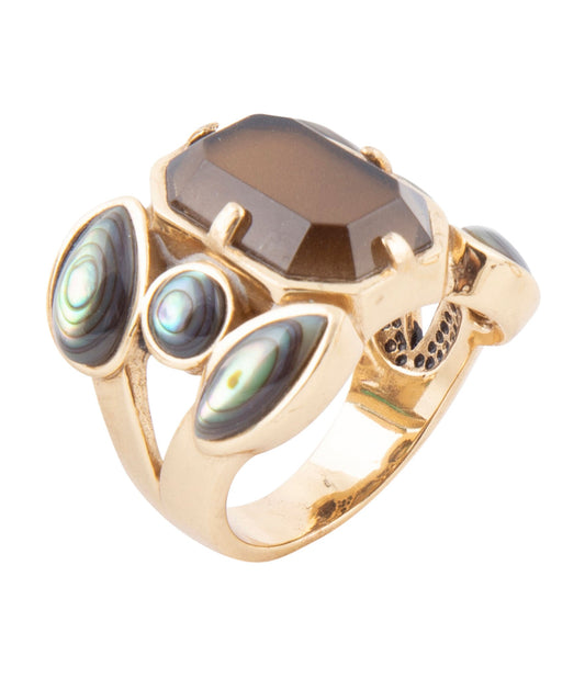 Tribecca Rauchbrauner Quarz und Abalone Statement Goldring