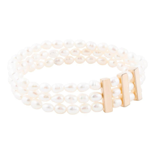 Bracelet extensible classique triple perles d'eau douce blanches dorées
