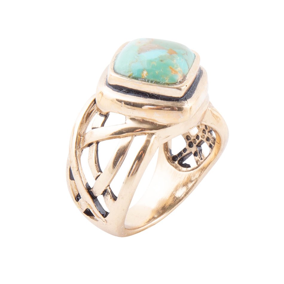 Ring mit ausgeschnittenem Design, blauer Türkis und goldene Bronze