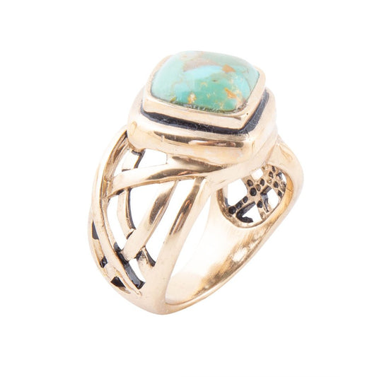 Ring mit ausgeschnittenem Design, blauer Türkis und goldene Bronze