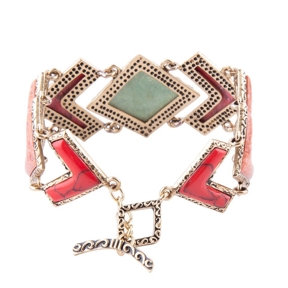 Bracelet à maillons dorés en tapisserie de turquoise verte et de corail