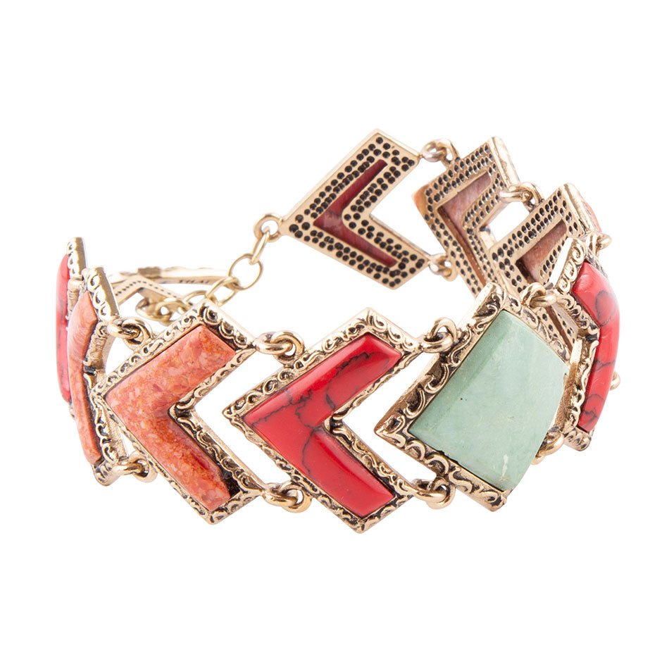 Bracelet à maillons dorés en tapisserie de turquoise verte et de corail