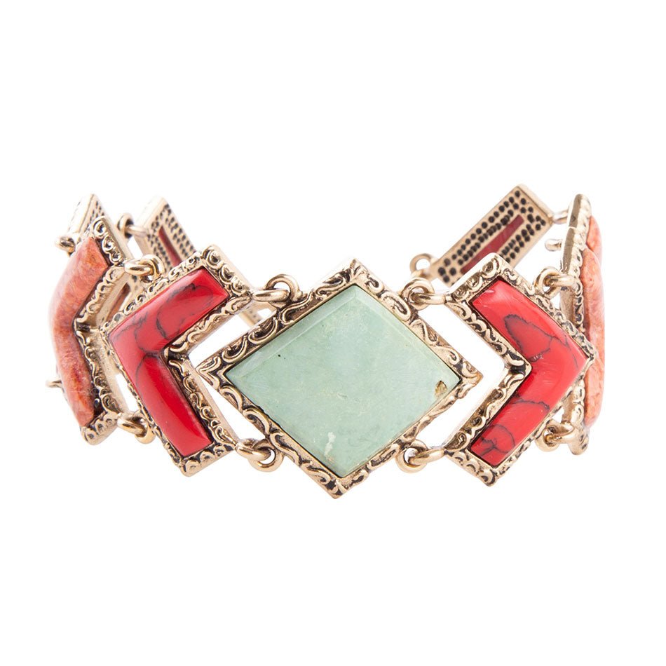 Bracelet à maillons dorés en tapisserie de turquoise verte et de corail