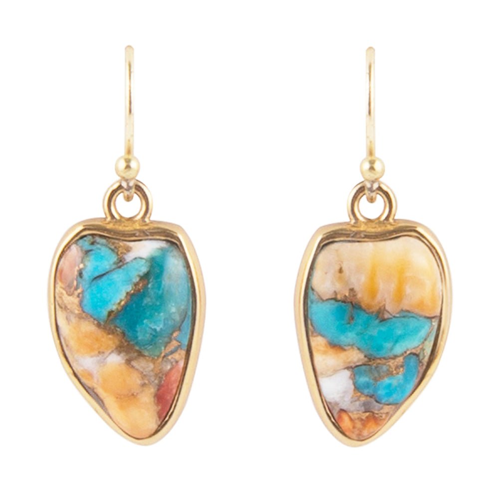 Boucles d'oreilles pendantes dorées en turquoise bleue et huître épineuse orange.
