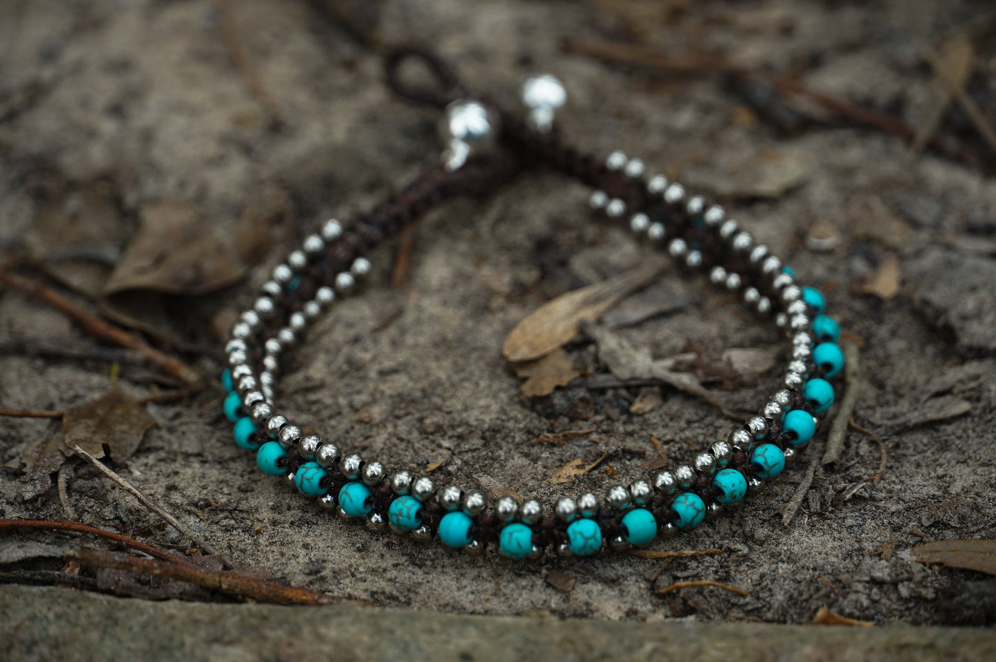 Türkiser Perlen-Boho-Silber-Fußkettchen verstellbare Kette