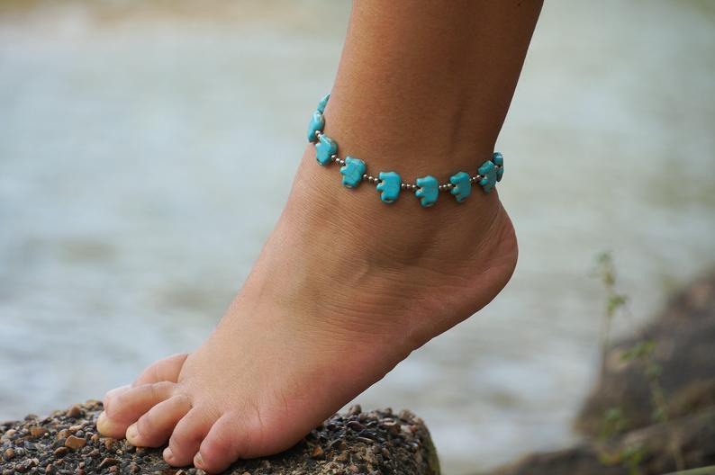 Bracelet de cheville bohème éléphant turquoise perles argentées