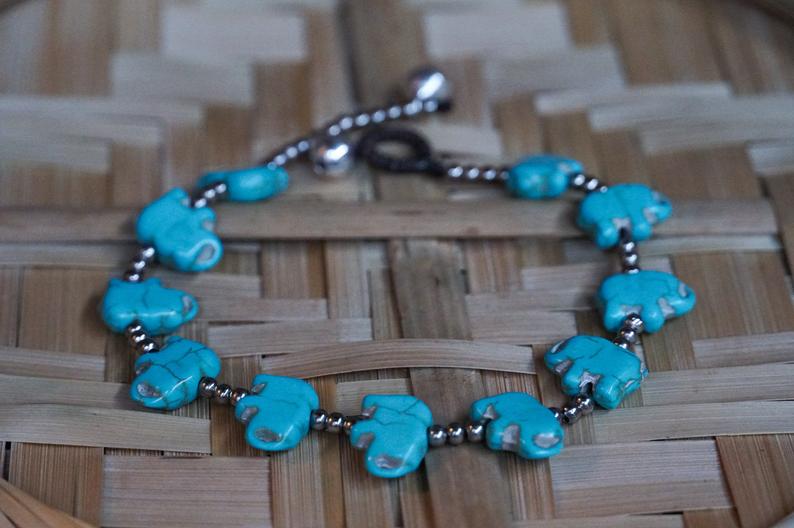 Bracelet de cheville bohème éléphant turquoise perles argentées