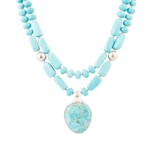 Double Stranded Blue Turquoise Sterling Silver Statement Pendant Necklace