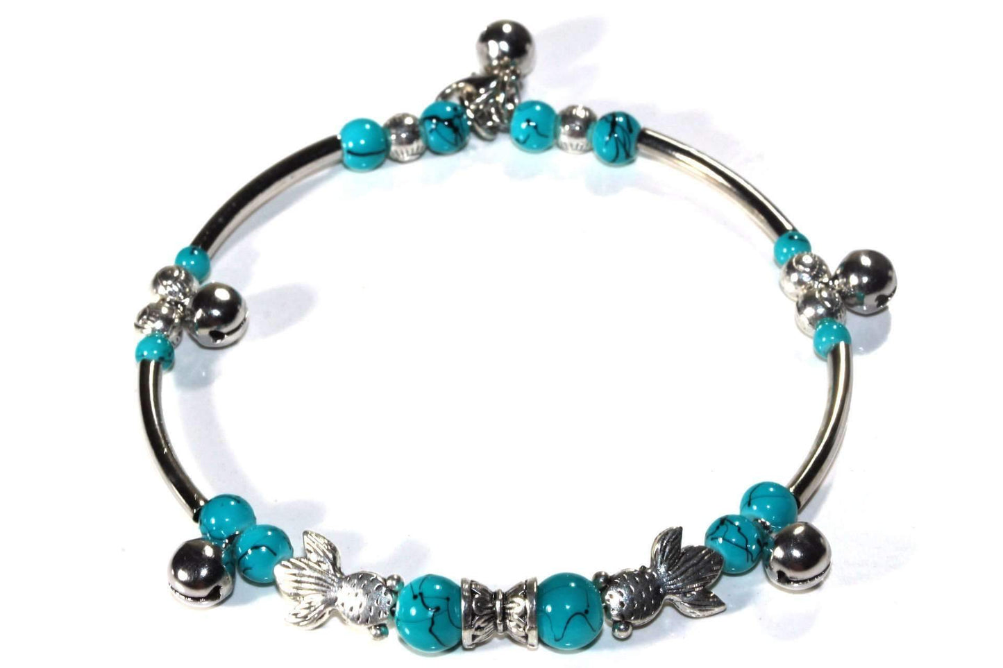 Bracelet perlé bohème ajustable avec pendentif poisson turquoise