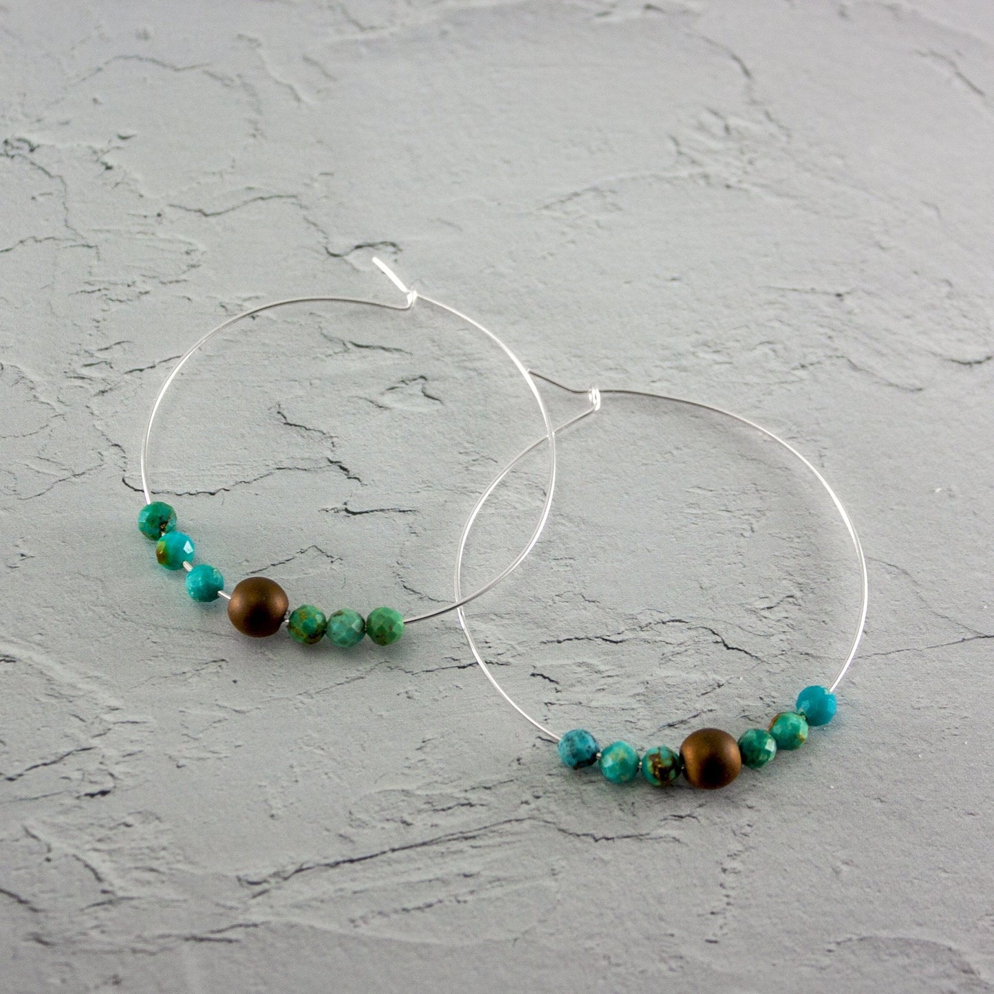 Turquoise Hematite Sterling Silver Boho Hoop Earrings