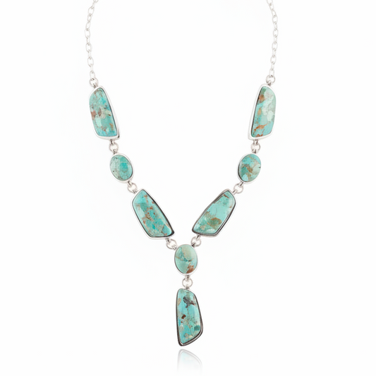 Genuine Blue Turquoise Sterling Silver Abstract Statement Necklace