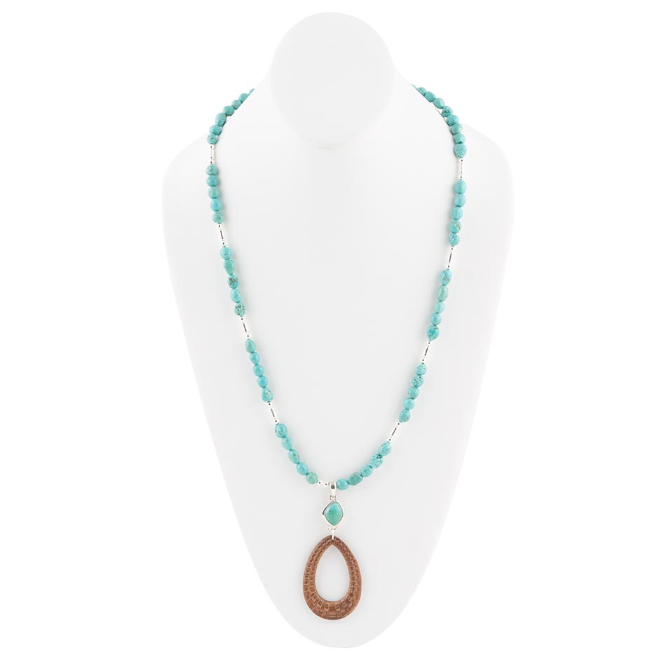 Collier en argent sterling avec pendentif en bois tressé bleu turquoise et marron