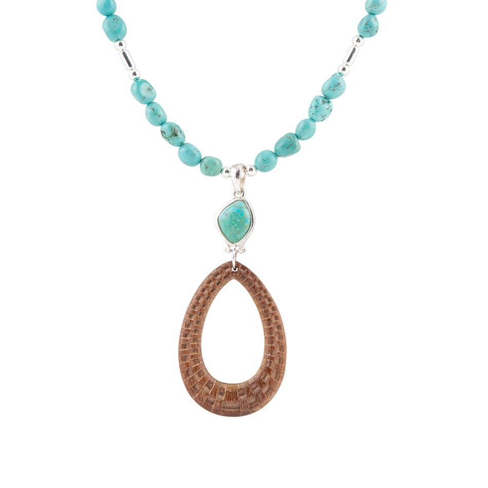 Collier en argent sterling avec pendentif en bois tressé bleu turquoise et marron