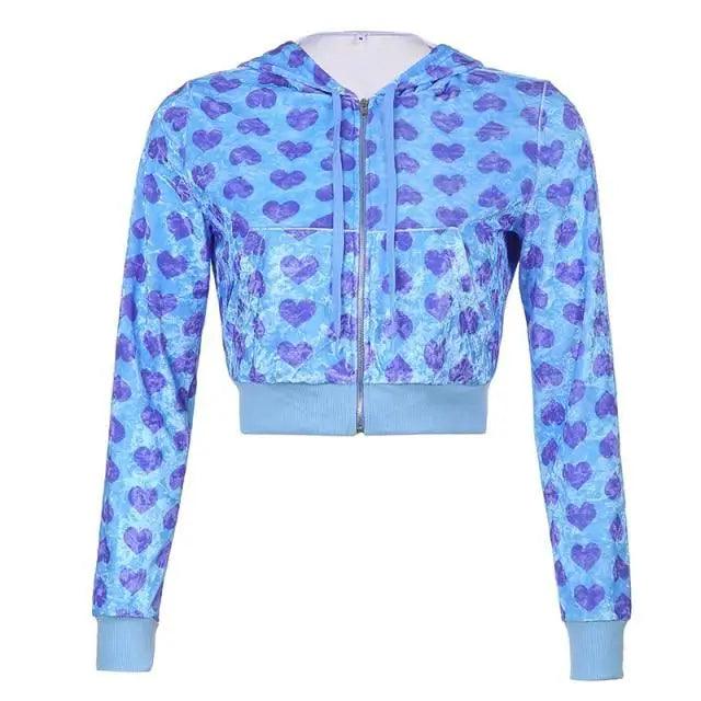 Unique Design Velvet Heart Print Cropped Top Bomber Jacket For Women Autumn Cute Pink Long Sleeve Coats Zipper Winter Overcoat