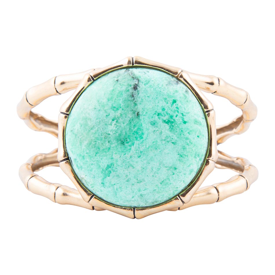 Bracelet jonc spectaculaire en chrysoprase verte vibrante et bambou doré