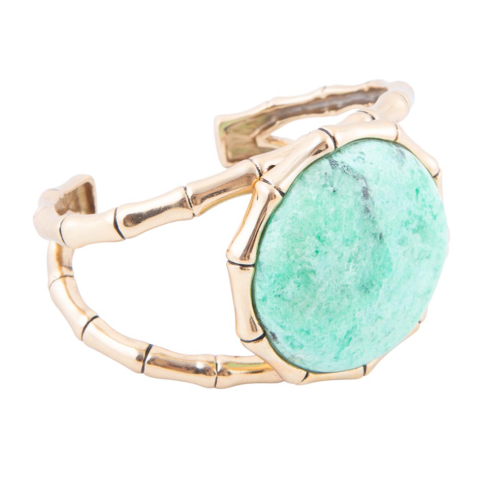 Bracelet jonc spectaculaire en chrysoprase verte vibrante et bambou doré