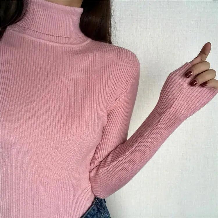 Vintage Style Autumn Winter Thick Sweater For Women Knitted Ribbed Pullover Sweater Long Sleeve Turtleneck Slim Jumper Soft Warm Pullover